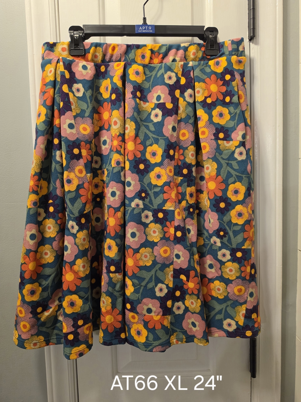 Lularoe Teal Floral Skirt with Yellow & Pink Blooms, Has Pockets